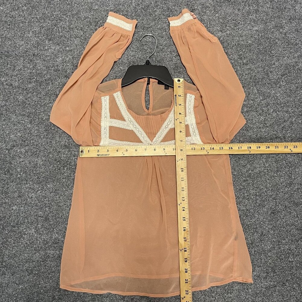 Lucca Couture XS Sheer Peach Long Sleeve Blouse White Lace Trim Keyhole Back - Picture 4 of 5